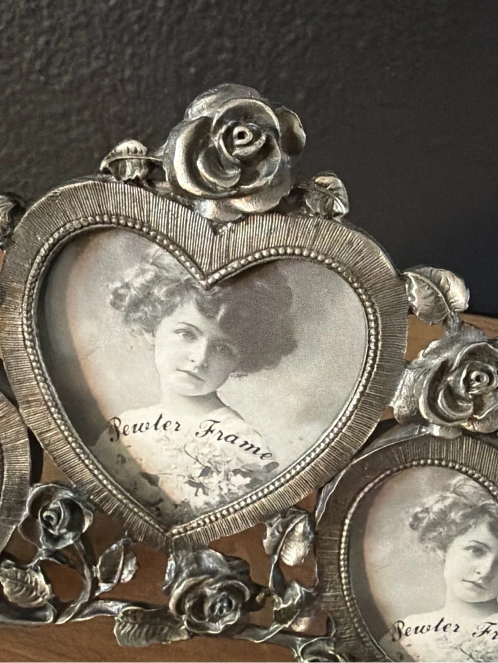 Vintage Pewter Triple Heart Photo Picture Frame Ornate Victorian Rose Grannycore